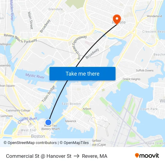 Commercial St @ Hanover St to Revere, MA map