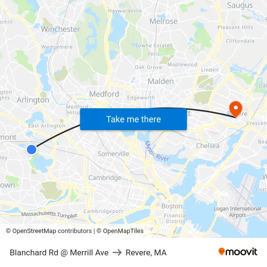 Blanchard Rd @ Merrill Ave to Revere, MA map