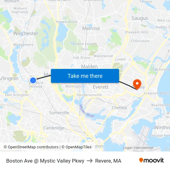 Boston Ave @ Mystic Valley Pkwy to Revere, MA map