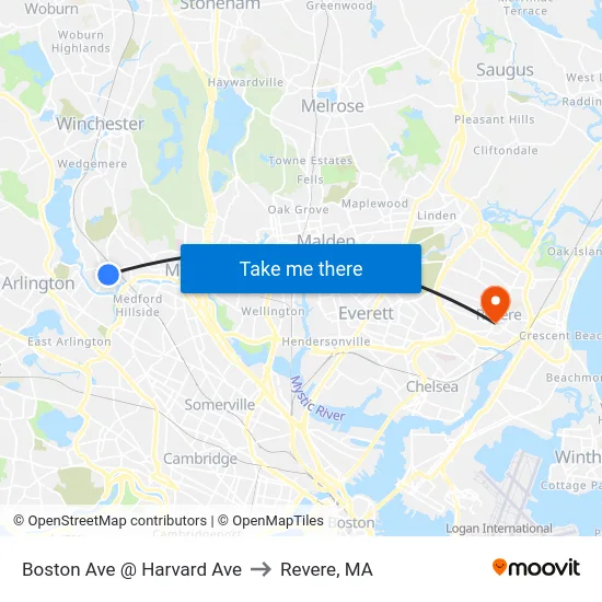 Boston Ave @ Harvard Ave to Revere, MA map