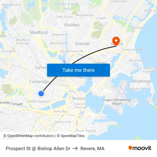 Prospect St @ Bishop Allen Dr to Revere, MA map