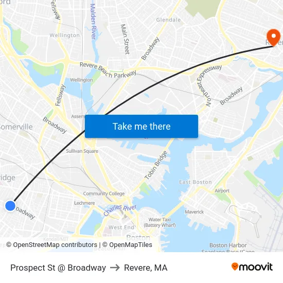Prospect St @ Broadway to Revere, MA map