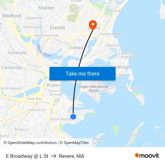 E Broadway @ L St to Revere, MA map