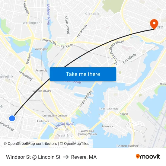 Windsor St @ Lincoln St to Revere, MA map