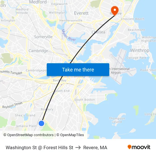 Washington St @ Forest Hills St to Revere, MA map
