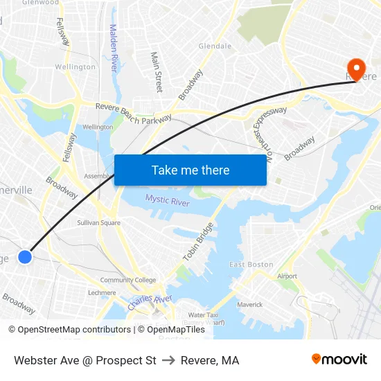 Webster Ave @ Prospect St to Revere, MA map
