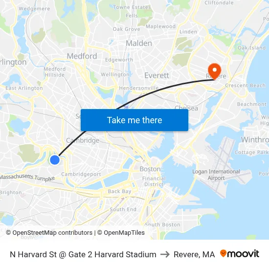 N Harvard St @ Gate 2 Harvard Stadium to Revere, MA map