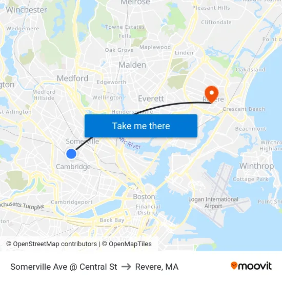 Somerville Ave @ Central St to Revere, MA map