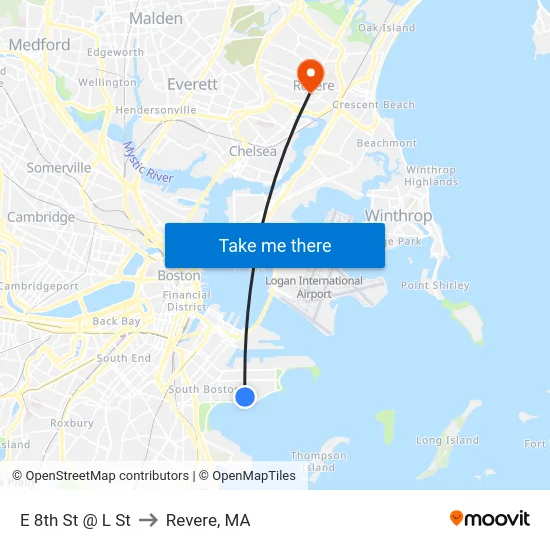 E 8th St @ L St to Revere, MA map