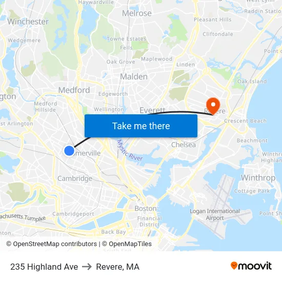 235 Highland Ave to Revere, MA map