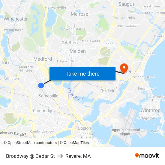 Broadway @ Cedar St to Revere, MA map