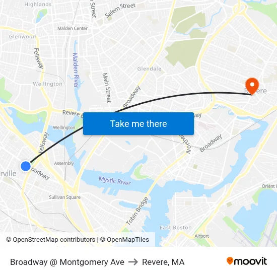 Broadway @ Montgomery Ave to Revere, MA map
