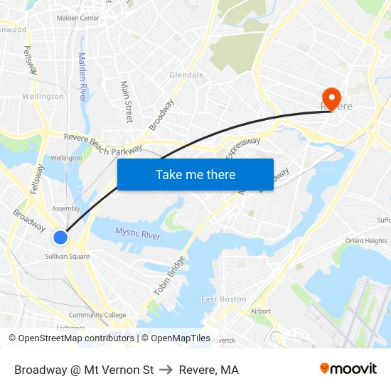 Broadway @ Mt Vernon St to Revere, MA map