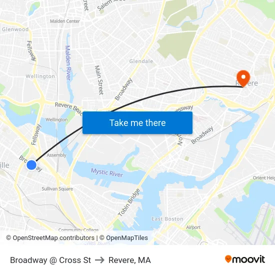 Broadway @ Cross St to Revere, MA map