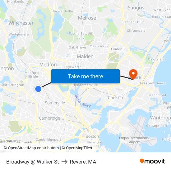 Broadway @ Walker St to Revere, MA map