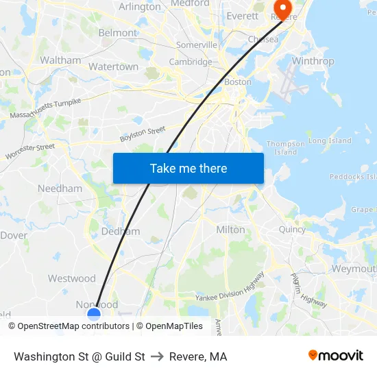 Washington St @ Guild St to Revere, MA map