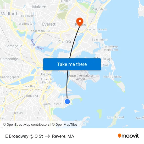 E Broadway @ O St to Revere, MA map
