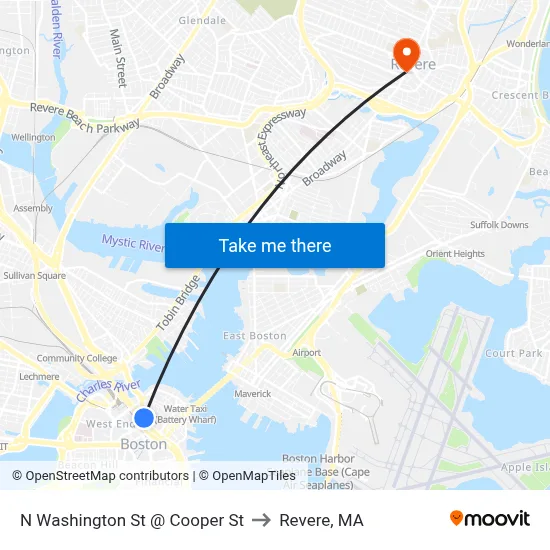 N Washington St @ Cooper St to Revere, MA map