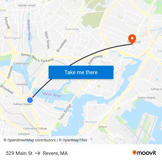 529 Main St to Revere, MA map