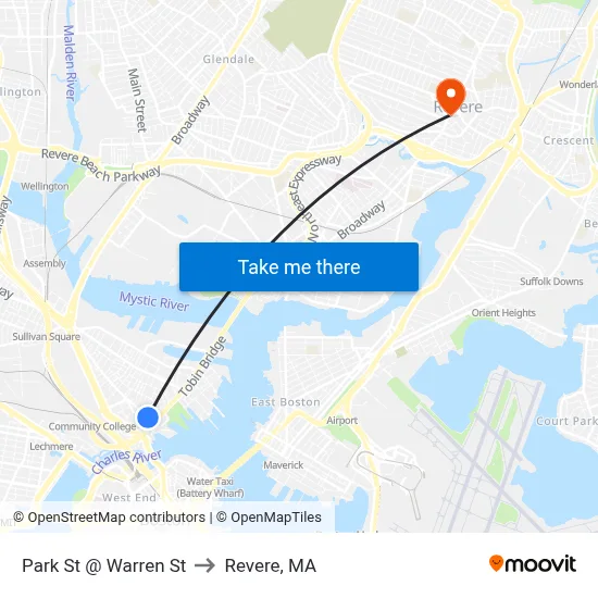 Park St @ Warren St to Revere, MA map
