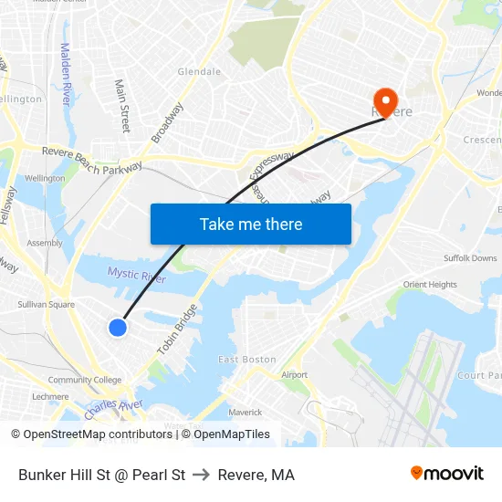 Bunker Hill St @ Pearl St to Revere, MA map