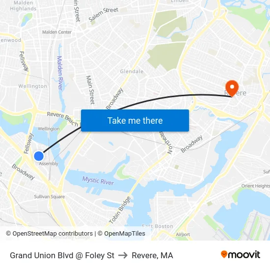 Grand Union Blvd @ Foley St to Revere, MA map