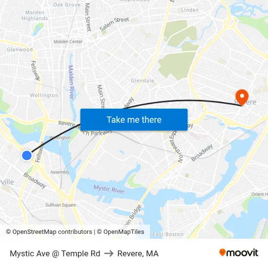 Mystic Ave @ Temple Rd to Revere, MA map
