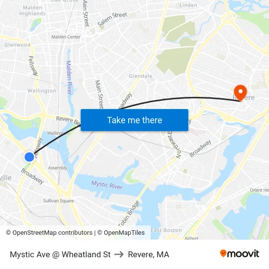 Mystic Ave @ Wheatland St to Revere, MA map
