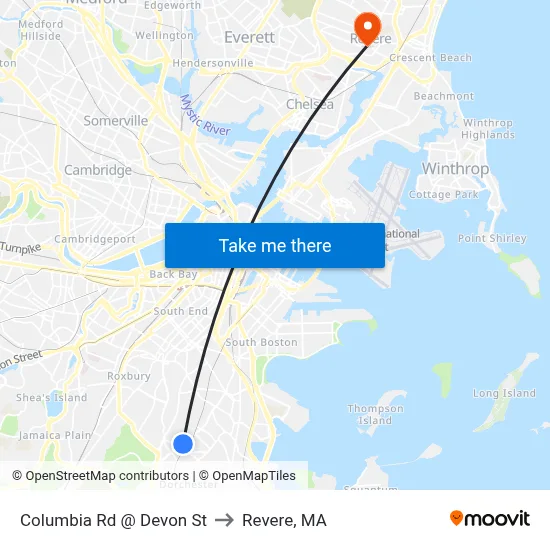 Columbia Rd @ Devon St to Revere, MA map