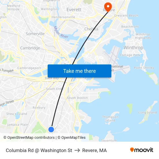 Columbia Rd @ Washington St to Revere, MA map