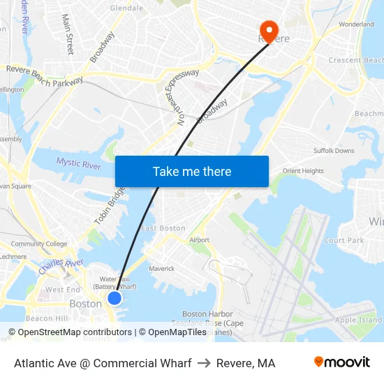 Atlantic Ave @ Commercial Wharf to Revere, MA map