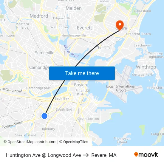 Huntington Ave @ Longwood Ave to Revere, MA map