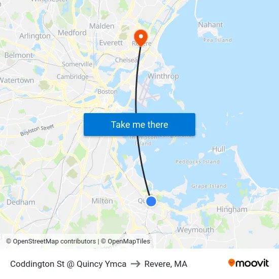 Coddington St @ Quincy Ymca to Revere, MA map
