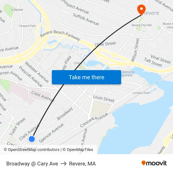Broadway @ Cary Ave to Revere, MA map