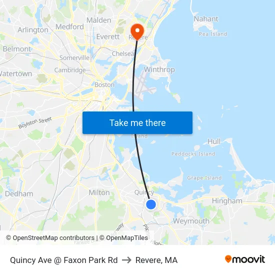 Quincy Ave @ Faxon Park Rd to Revere, MA map