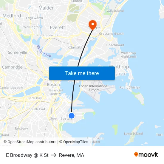 E Broadway @ K St to Revere, MA map