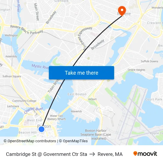 Cambridge St @ Government Ctr Sta to Revere, MA map