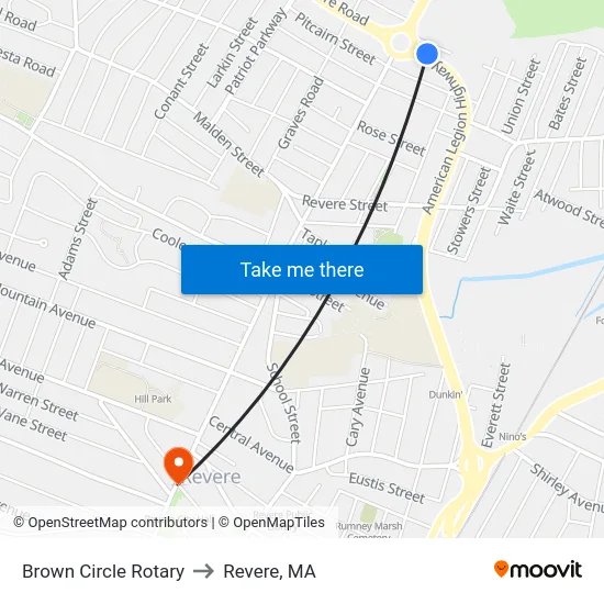 Brown Circle Rotary to Revere, MA map