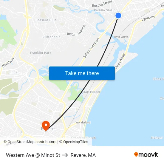 Western Ave @ Minot St to Revere, MA map
