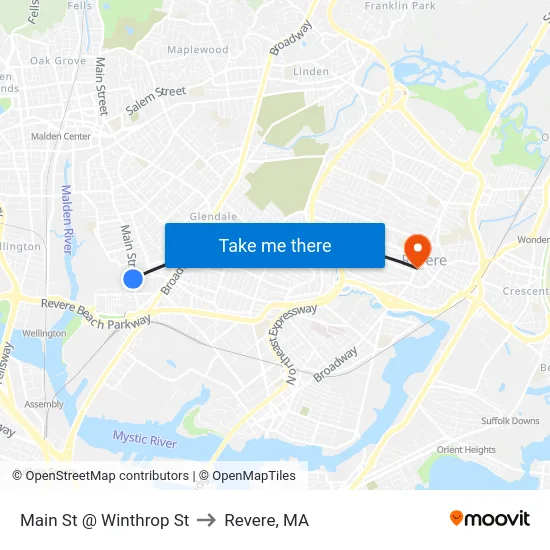 Main St @ Winthrop St to Revere, MA map