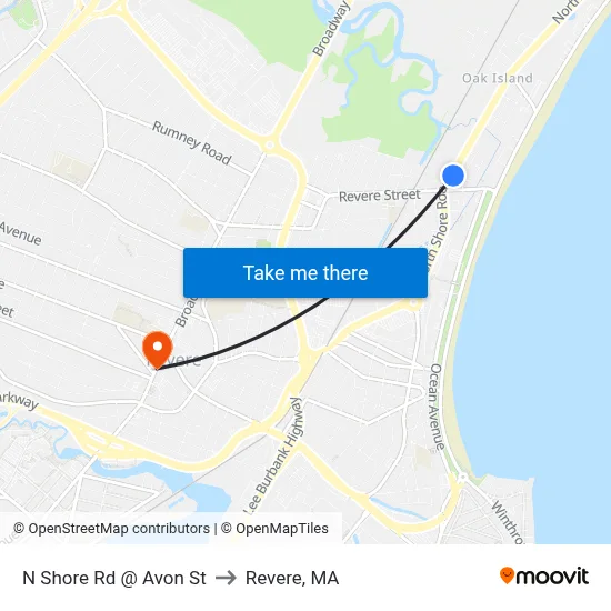 N Shore Rd @ Avon St to Revere, MA map