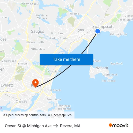 Ocean St @ Michigan Ave to Revere, MA map