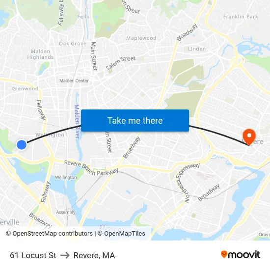 61 Locust St to Revere, MA map