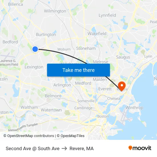 Second Ave @ South Ave to Revere, MA map
