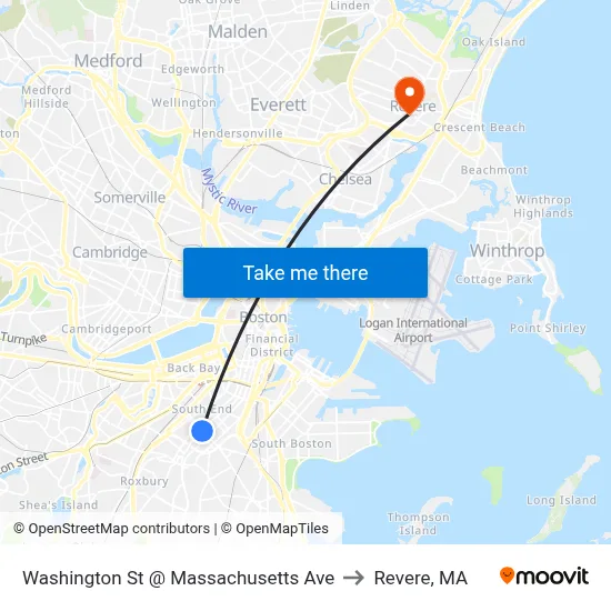 Washington St @ Massachusetts Ave to Revere, MA map