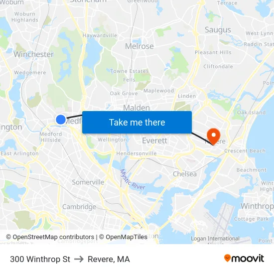 300 Winthrop St to Revere, MA map
