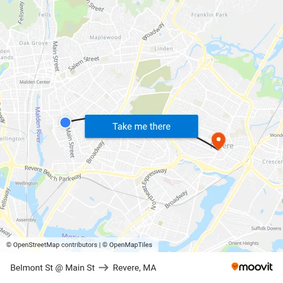 Belmont St @ Main St to Revere, MA map