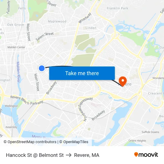 Hancock St @ Belmont St to Revere, MA map