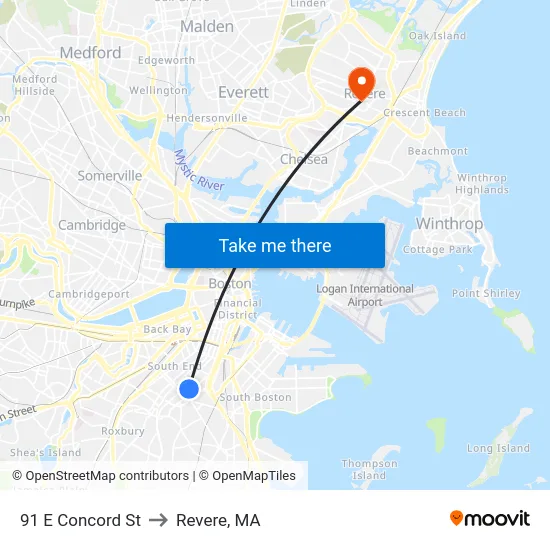 91 E Concord St to Revere, MA map