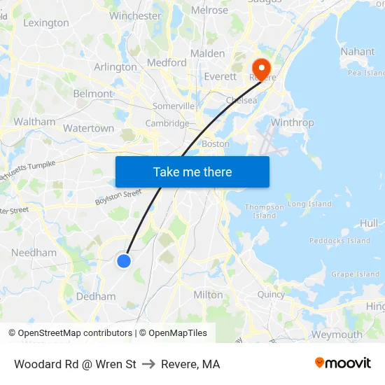 Woodard Rd @ Wren St to Revere, MA map
